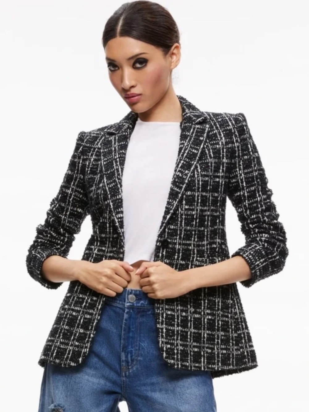 NWT Alice + Olivia Black White Tweed Blazer Jacket Size 10